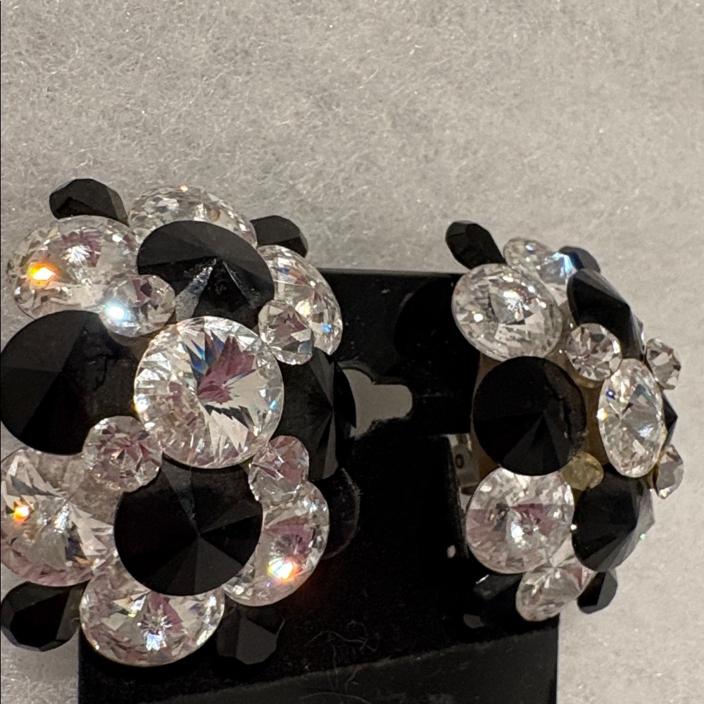 Swarovski Black & Clear Clip Domed Earring 
Vintage New Showcase Stored 1 1/2”